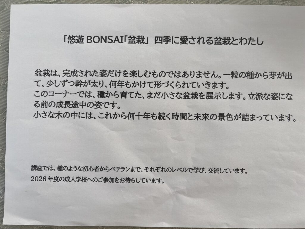 種から育てた盆栽コーナーの説明文を撮影